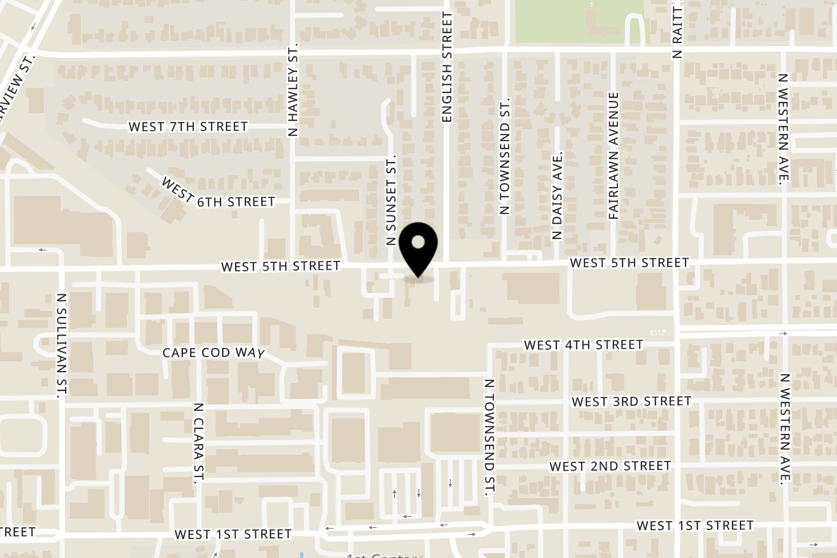 Map showing the location of Carnitas Uruapan W 5th St on 2106 W 5th St in Santa Ana